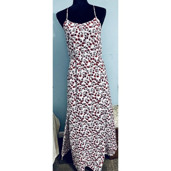 H&M Floral Dress SzS Red White High Waist Vacation Maxi Dress Side Slit Ditsy - Picture 2 of 10